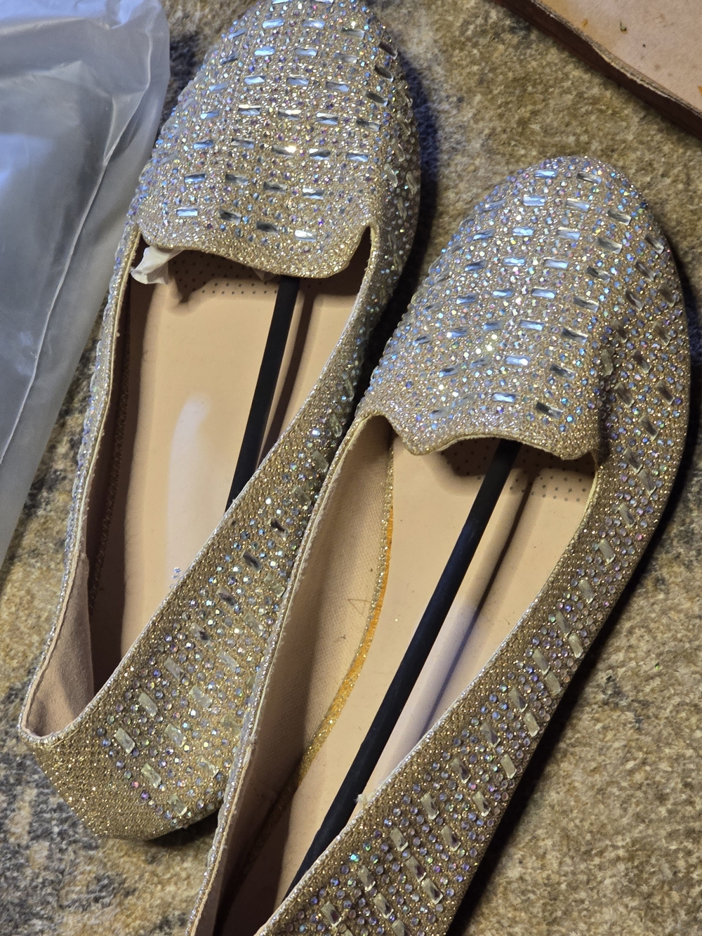 Women's Gold Rhinestone Flats - Sparkling Slip-On Ballet Shoes